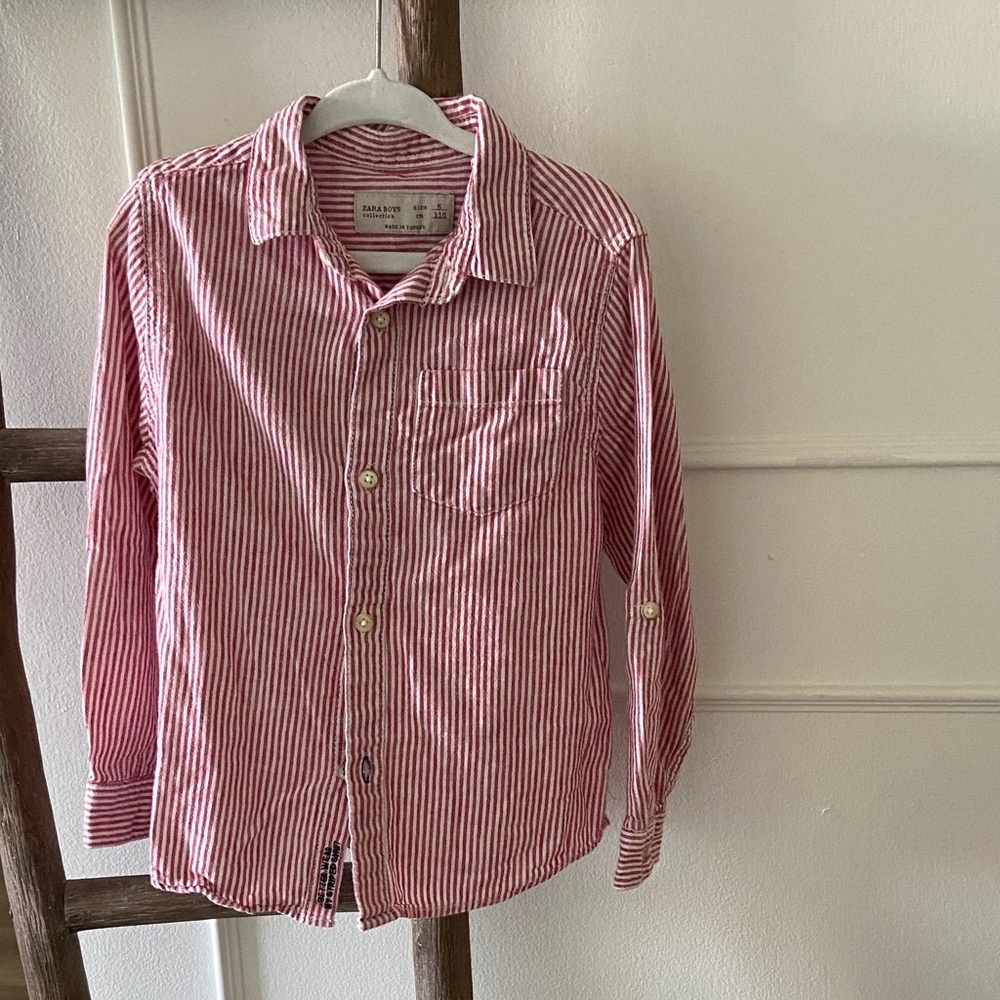 Zara Boys Red and White Striped Button Down Shirt